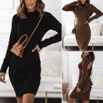 Sexy Solid Color Round Neck Long Sleeve Backless Bodycon Dress