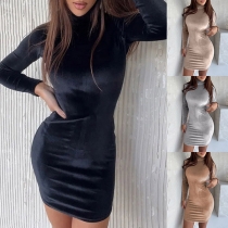 Fashion Solid Color Mock Neck Long Sleeve Bodycon Dress