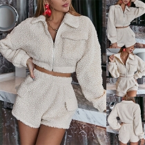 Fashion Plush Two-piece Set Consit of Crop Jacket +Shorts