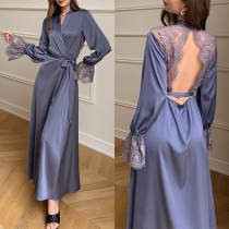 Elegant Lace Spliced Backless Self-tie Satin Loungewear Robe