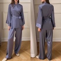 Elegant  Solid Color Satin Two-piece Loungewear Set consisting of Wrap Shirt and Pants
