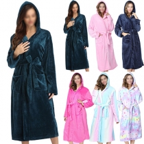 Casual Comfortable Warm Hoodie Coral Fleece Wrap Robe Loungewear Robe