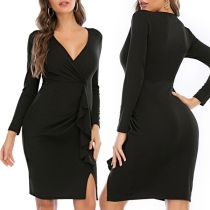 Sexy Solid Color V-neck Long Sleeve Ruffled Slit Bodycon Black Dress
