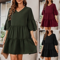 Casual Solid Color Elbow Sleeve V-neck Loose Tiered Dress