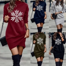 Fashion Snowflake Printed Turtleneck Long Sleeve Irregular Hemline Bodycon Dress