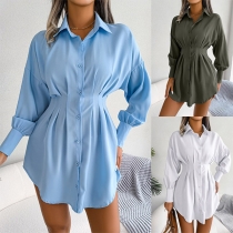 Casual Solid Color Stand Collar Lantern Sleeve Shirt/Shirt Dress