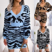 Fashion Tiger Printed V-neck Long Sleeve Bodycon Knitted Dress
