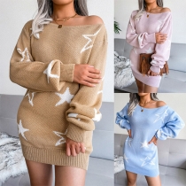 Casual Star Prined Round Neck Long Sleeve Knitted Dress