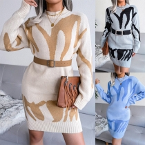 Fashion Contrast Color Geometric Patterns Knitted Dress (without Belt)
