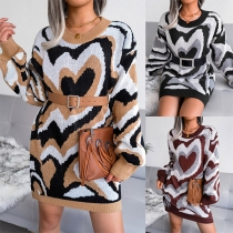 Fashion Contrast Color Heart Print Knitted Dress (without Belt)