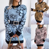 Fashion Floral Pattern Knitted Dress (without Belt)