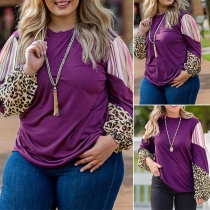 Casual Leopard Printed Contrsat Color Long Sleeve Rounr Neck Plus-size Shirt