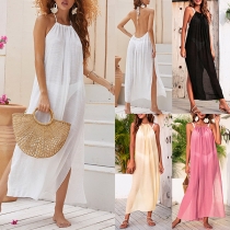 Casual Solid Color Halter Neck Backless Beach Dress