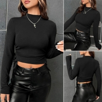 Casual Solid Color Mock Neck Long Sleeve Side Drawstring Crop Shirt
