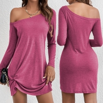 Casual Solid Color One-shoulder Long Sleeve Ruched Mini Dress