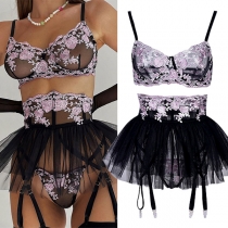 Sexy Floral Embroidery Three-piece Lingerie Set