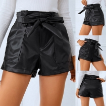 Fashion Solid Color High-waist Artificial Leather Shorts（with Belt）
