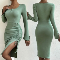 Fashion Solid Color Round Neck Long Sleeve Side Drawstring Slit Bodycon Dress