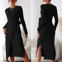Fashion Solid Color Round Neck Long Sleeve Slit Self-tie Wrap Dress