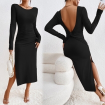 Sexy Round Neck Long Sleeve Backless Ruched Slit Bodycon Dress
