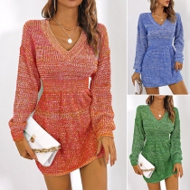 Casual Gradient Color V-neck Long Sleeve Knitted Dress