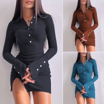 Casual Solid Color V-neck Long Sleeve Slit Bodycon Dress