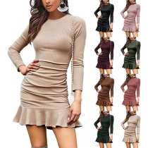 Fashion Solid Color Round Neck Long Sleeve Ruffled Bodycon Dress