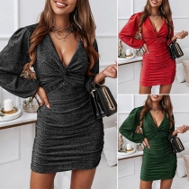Sexy Bling-bling Ruched V-neck Long Sleeve Bodycon Dress