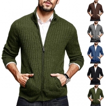 Casual Solid Color Stand Collar Long Sleeve Cardigan for Men