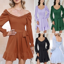 Casual Solid Color Ruffled V-neck Long Sleeve Self-tie A-line Dress