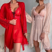 Sexy Lace Spliced Two-piece Pajamas Set Consist of Nightwear Robe and Slip Dress