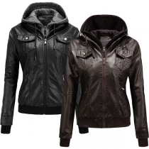 Motor Fashion Mock Neck Ribbed Spliced Artificial Leather PU Hoodied  Jacket