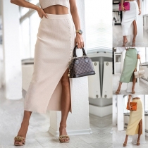 Fashion Solid Color Buttoned Slit Ribbed Skirt