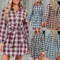 Casual Contrast Color Checkered Self-tie Shirt Dress