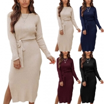 Fashion Solid Color Round Neck Long Sleeve Self-tie Slit Bodycon Ribbed Dress
