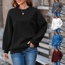 Casual Solid Color Round Neck Long Sleeve Sweatshirt for Women