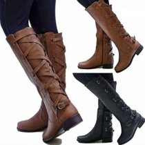 Lace Back Belt Buckle Knight Boots