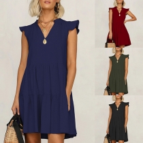 Casual Solid Color V-neck Sleeveless Mini Dress