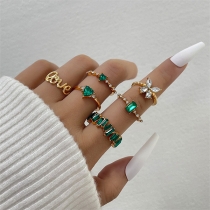 Fashion Green Rhinestone LOVE Heart Butterfly  Six-piece Ring Set