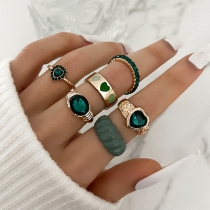 Fashion Green Rhinestone Heart Six-piece Ring Set
