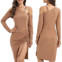 Fashion Solid Color Long Sleeve Open-shoulder Drawstring Slit Dress