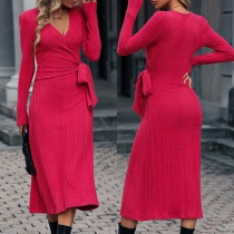 Sexy Solid Color V-neck Long Sleeve Wrap Dress