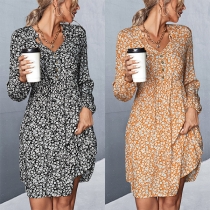 Casual Floral Printed V-neck Long Sleeve Dress
