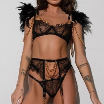 Sexy Lace Feather Chain Three-piece Lingerie Set