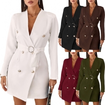 Elegant Solid Color Double Breasted V-neck Long Sleeve Self-tie Dress
