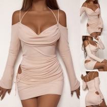 Sexy Solid Color Draped Neck Open-shoulder Long Sleeve Side Cutout Ruched Party Dress