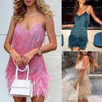 Sexy Bling-bling Tassel Feather Spliced Party Dress
