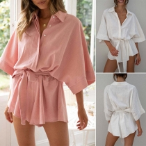 Casual Solid Color Batwing Sleeve Self-tie Romper