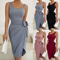 Casual Solid Color Sleeveless Self-tie Tank Dress