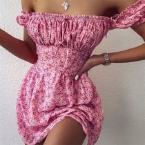 Sexy Floral Printed Ruched Off-the-shoulder Mini Dress